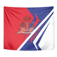 Close-up of Haiti 1804 coat of arms tapestry in red, white, and blue diagonal bands.
