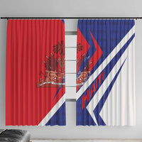 Red and blue window curtain with Haiti coat of arms and diagonal stripe panel