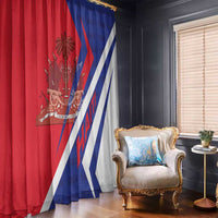Red and blue Haiti-themed window curtain with diagonal stripes and emblem print