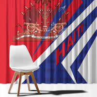 Red, blue, and white Haiti coat of arms window curtain with bold diagonal stripes