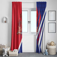 Pair of red and blue window curtains with Haiti coat of arms and diagonal stripes