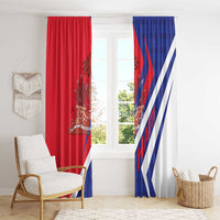 Red and blue Haiti window curtains with emblem graphic and diagonal stripe panels
