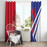 Haiti themed red and blue window curtains with diagonal stripes and coat of arms