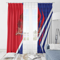 Red and blue Haiti coat of arms window curtain set with diagonal stripe panels
