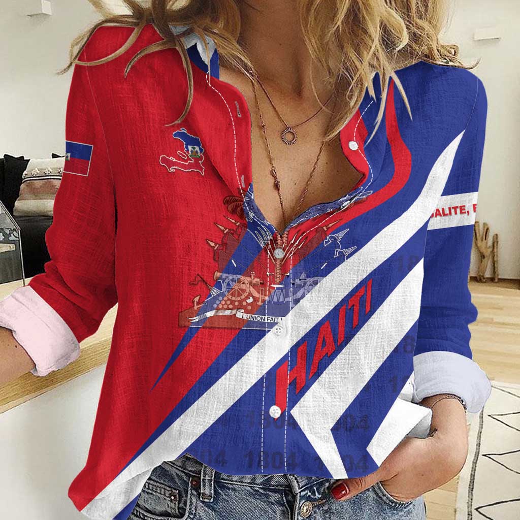 Women's casual shirt coat, red with blue diagonal stripe and buttoned front, V-neck