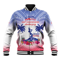 Blue and silver baseball jacket with striped ribbed collar and front Independence graphic