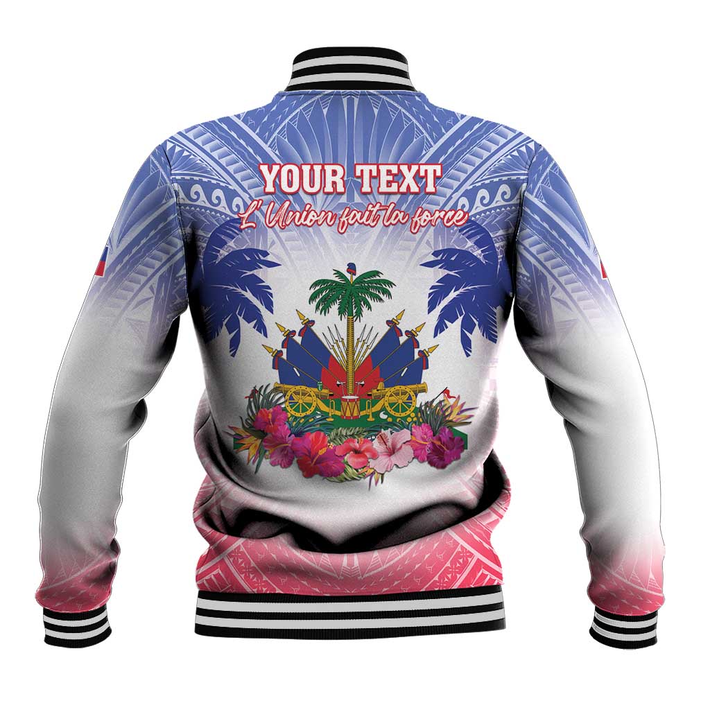 Back view baseball jacket with striped collar and large tropical Independence banner, 'YOUR TEXT'