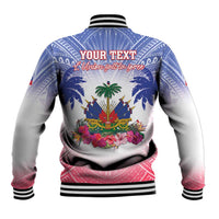 Back view baseball jacket with striped collar and large tropical Independence banner, 'YOUR TEXT'