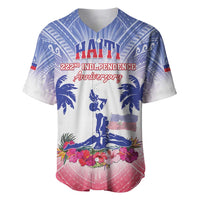 Blue baseball jersey with V-neck, Haiti Independence anniversary front graphic, floral hem