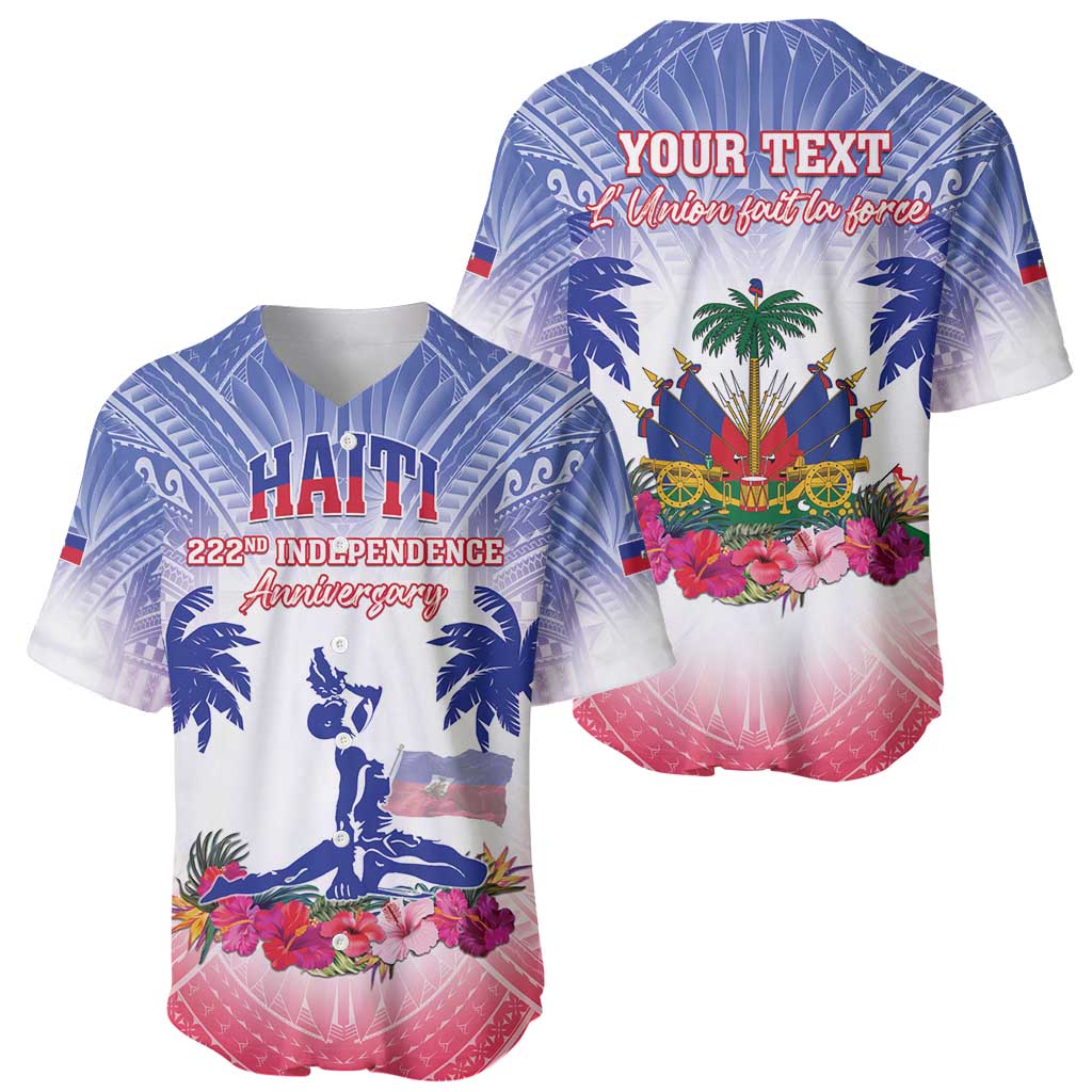 Blue baseball jersey front and back views with V-neck, Haiti Independence print and floral hem