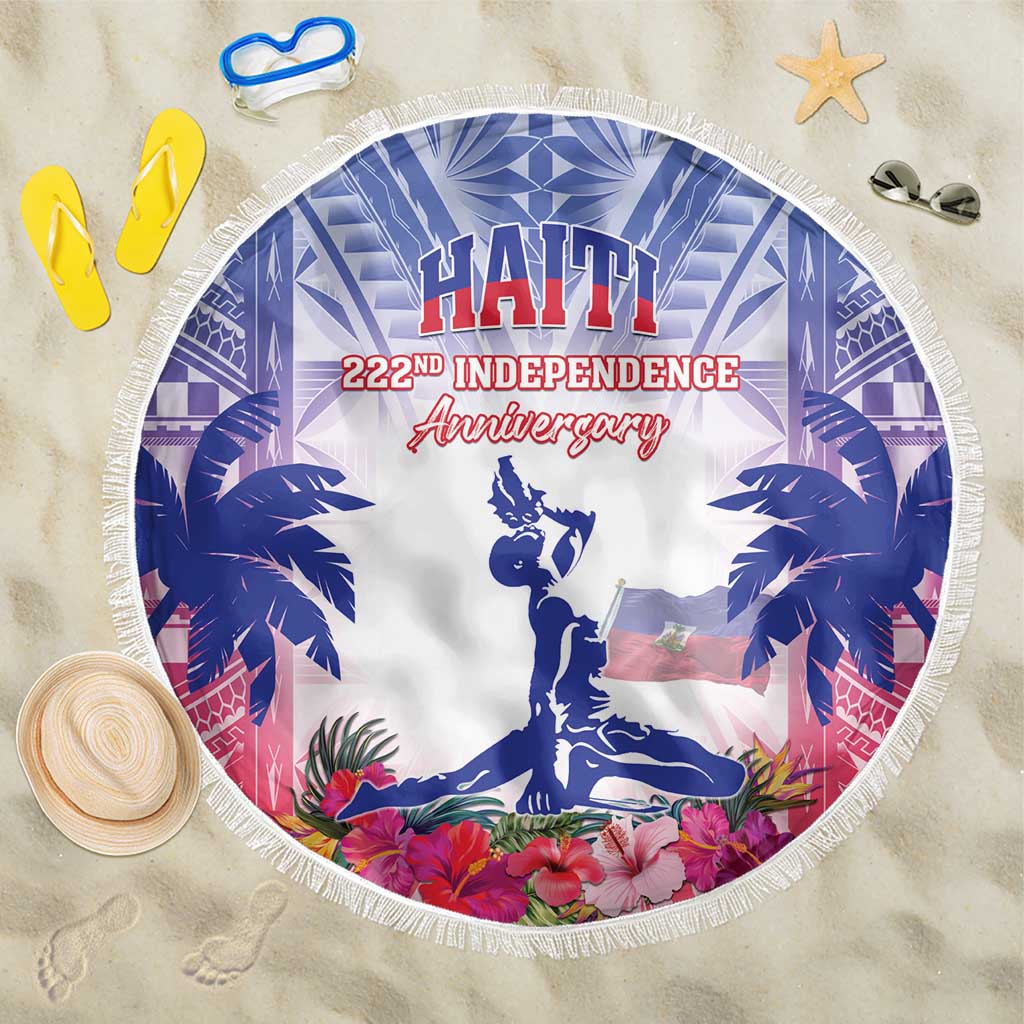 Round beach blanket with blue palm and floral print, statue silhouette, fringed circular edge