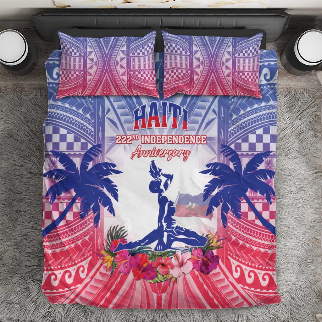 Blue, red and white bedding set with statue, palms, and floral graphics
