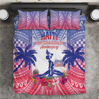 Blue, red and white bedding set with statue, palms, and floral graphics