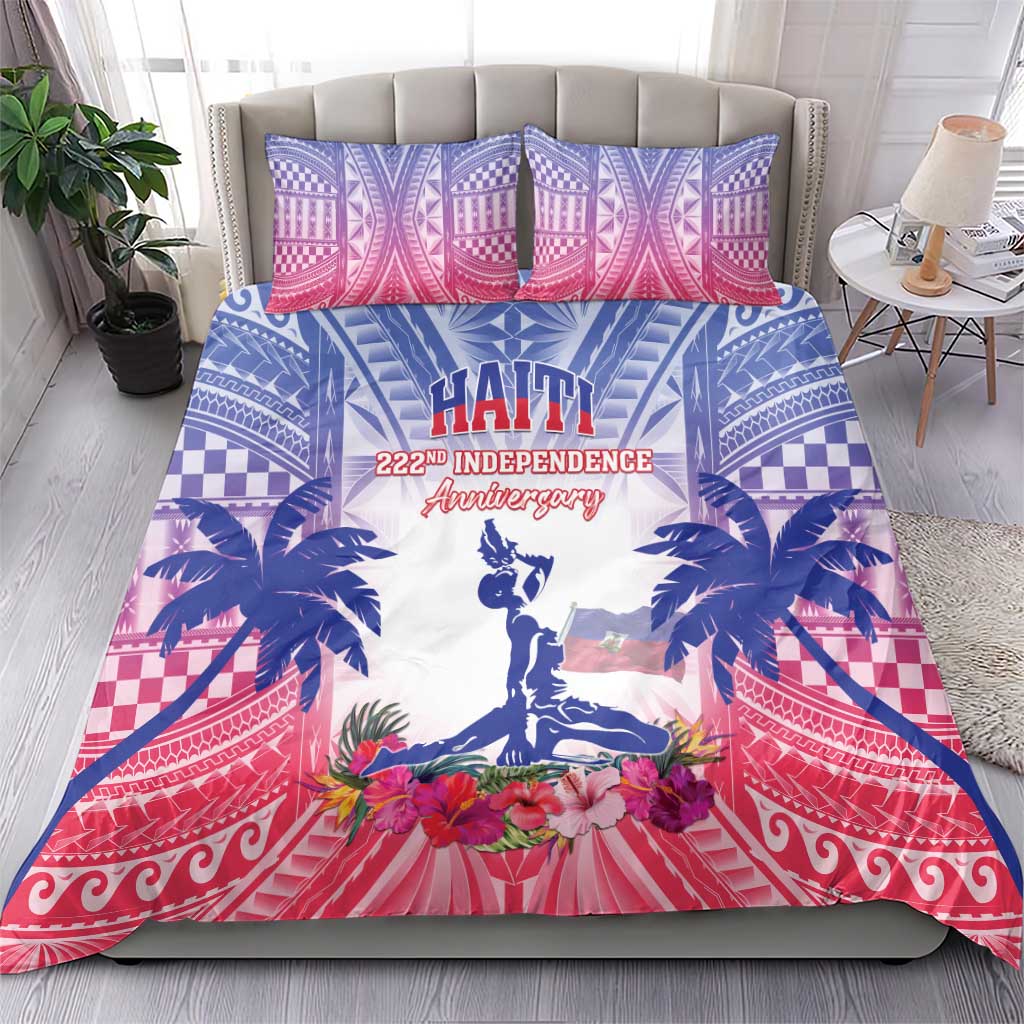 Bedding set on bed with Haiti text, statue silhouette, palms, and red patterned border