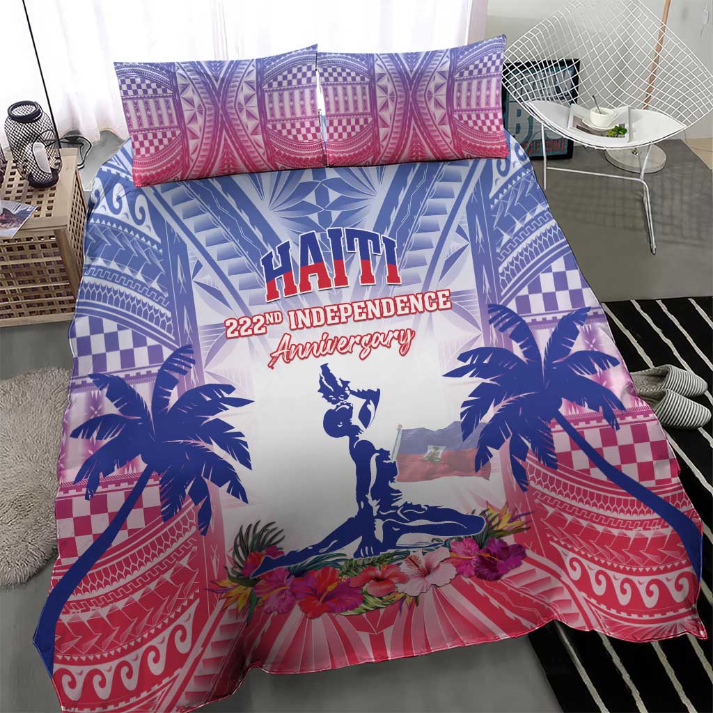 Blue and red bedding set with central Haiti statue figure, palms, and patterned medallions