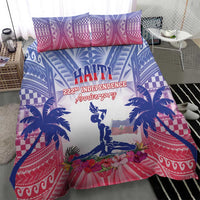Blue and red bedding set with central Haiti statue figure, palms, and patterned medallions
