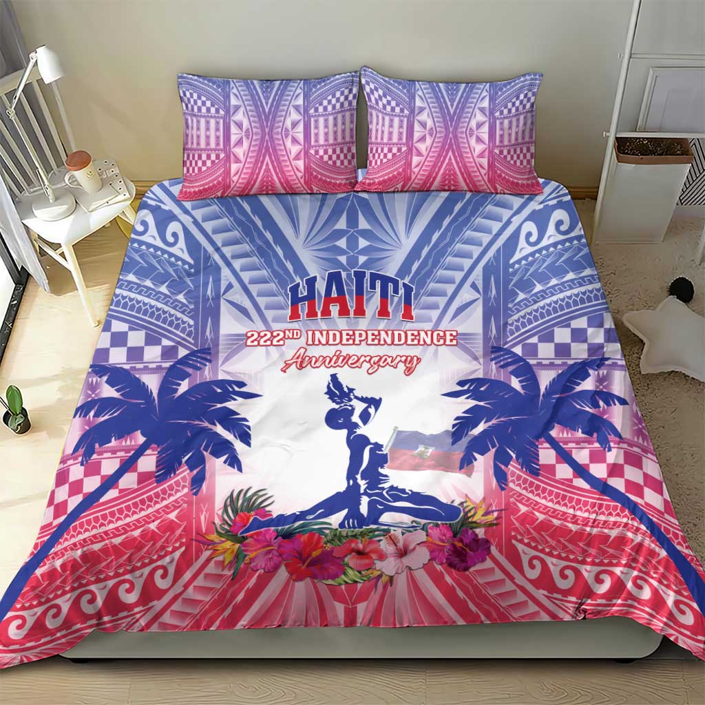 Bedding set featuring Haiti text, statue, palm leaves, and pink floral design