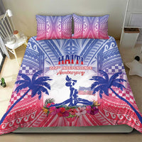Bedding set featuring Haiti text, statue, palm leaves, and pink floral design