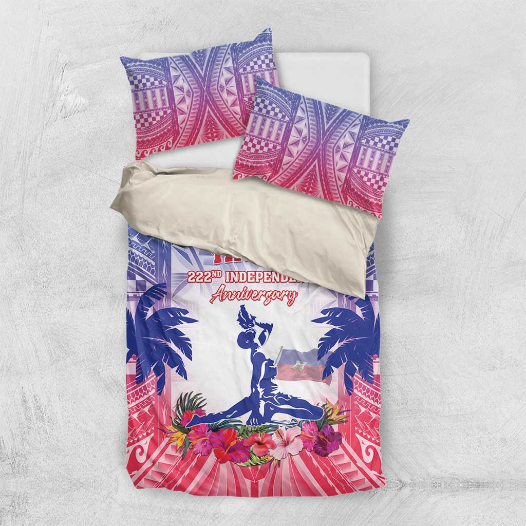 Duvet and pillowcases laid flat in blue, red, and white Haiti independence design