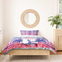 Blue-red-white bedding set with Haiti statue and palm graphics on wooden bed frame