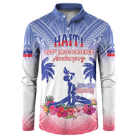 Blue button long-sleeve sweatshirt with Haiti 222nd independence anniversary print and flag patch