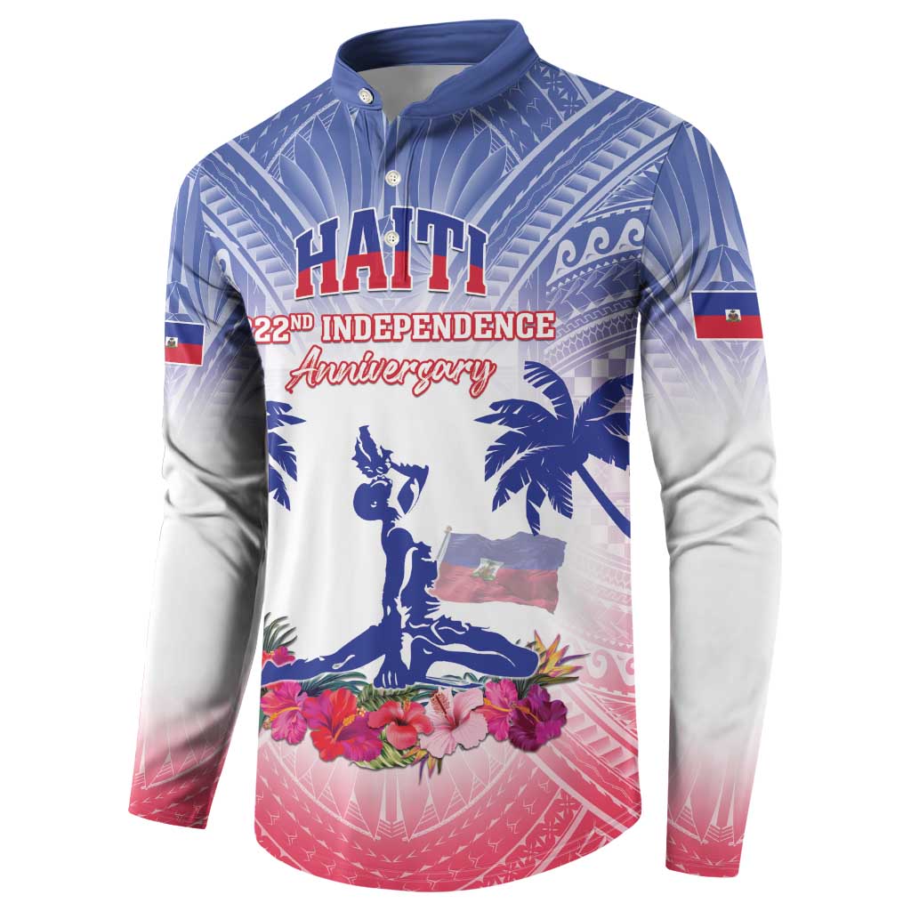 Blue button long-sleeve sweatshirt with Haiti anniversary print, flag patch, tropical floral design