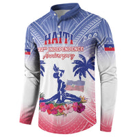 Blue button long-sleeve sweatshirt with Haiti anniversary print, flag patch, tropical floral design
