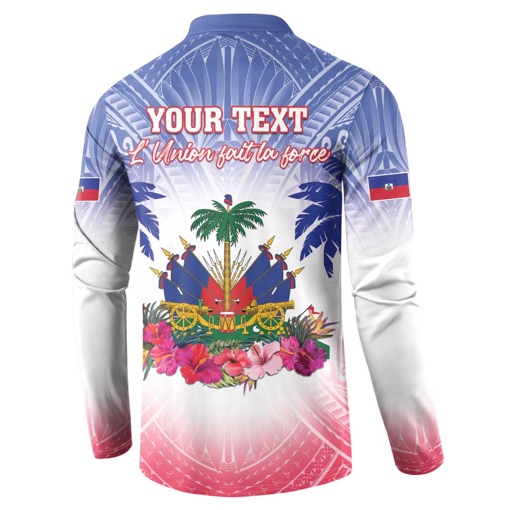 Blue button long-sleeve sweatshirt back with YOUR TEXT, coat of arms, palms and flower border