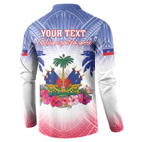 Blue button long-sleeve sweatshirt back with YOUR TEXT, coat of arms, palms and flower border