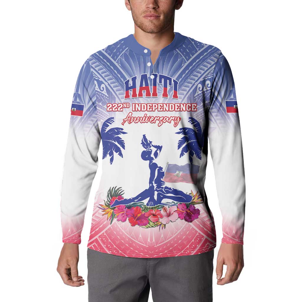Blue button long-sleeve sweatshirt on model with Haiti anniversary graphic and flag patch