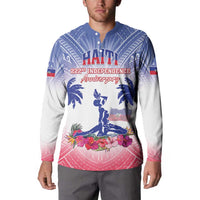 Blue button long-sleeve sweatshirt on model with Haiti anniversary graphic and flag patch