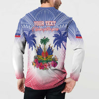 Blue button long-sleeve sweatshirt back on model with YOUR TEXT, coat of arms, palms and flowers