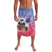 Blue and pink tropical printed elastic-waist lavalava shorts with palm tree graphics