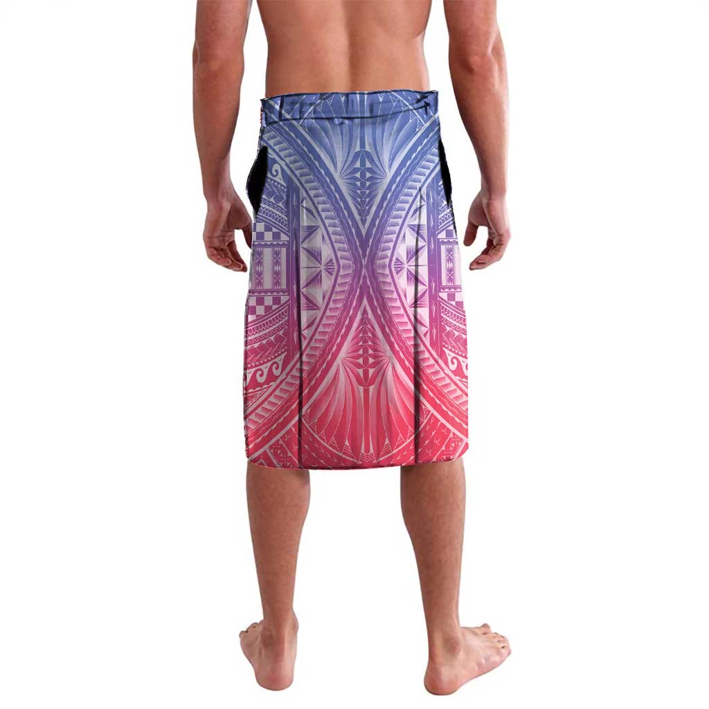 Blue and pink printed elastic-waist lavalava shorts with geometric leaf pattern