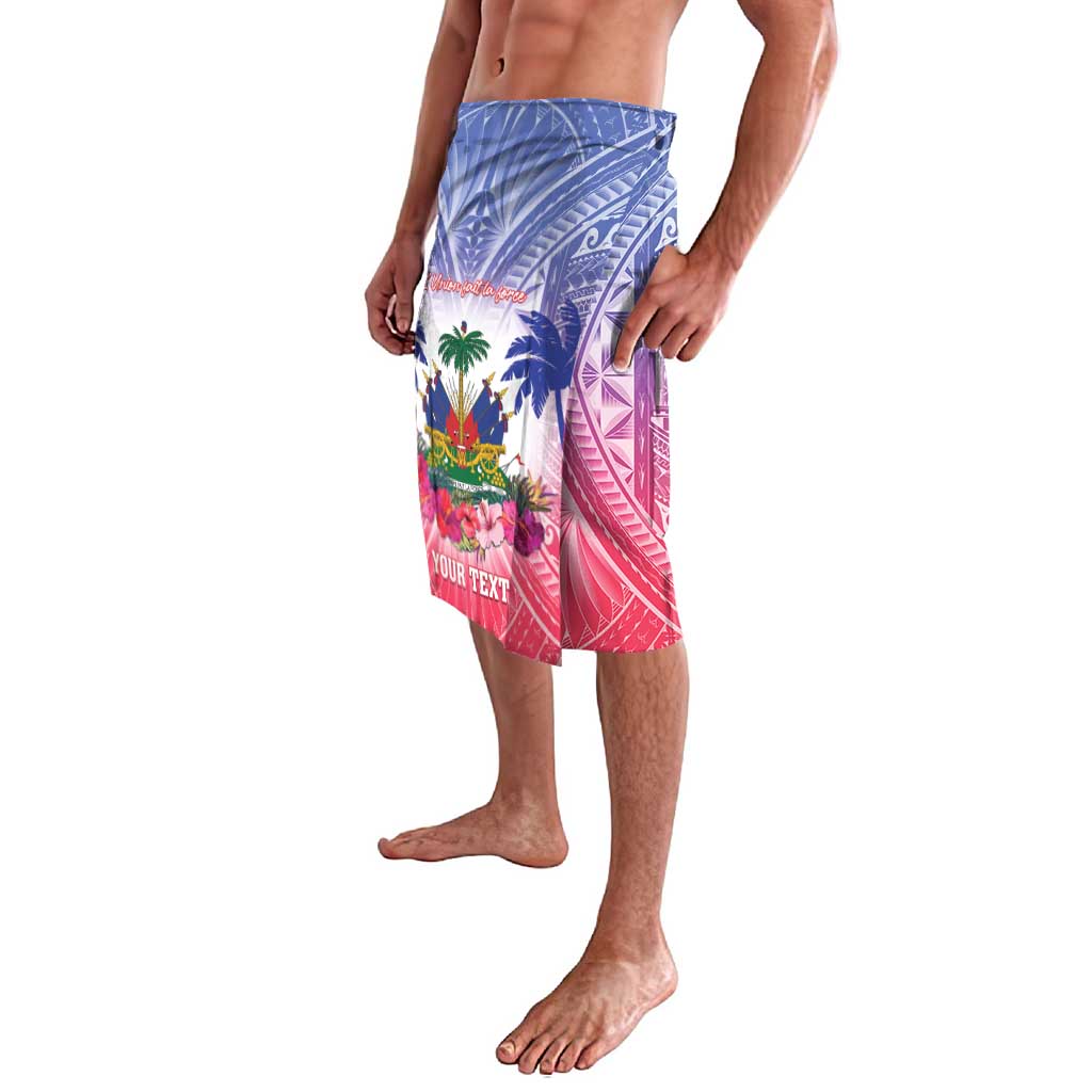 Blue and pink tropical lavalava shorts with palm trees, wave motifs, and text panel