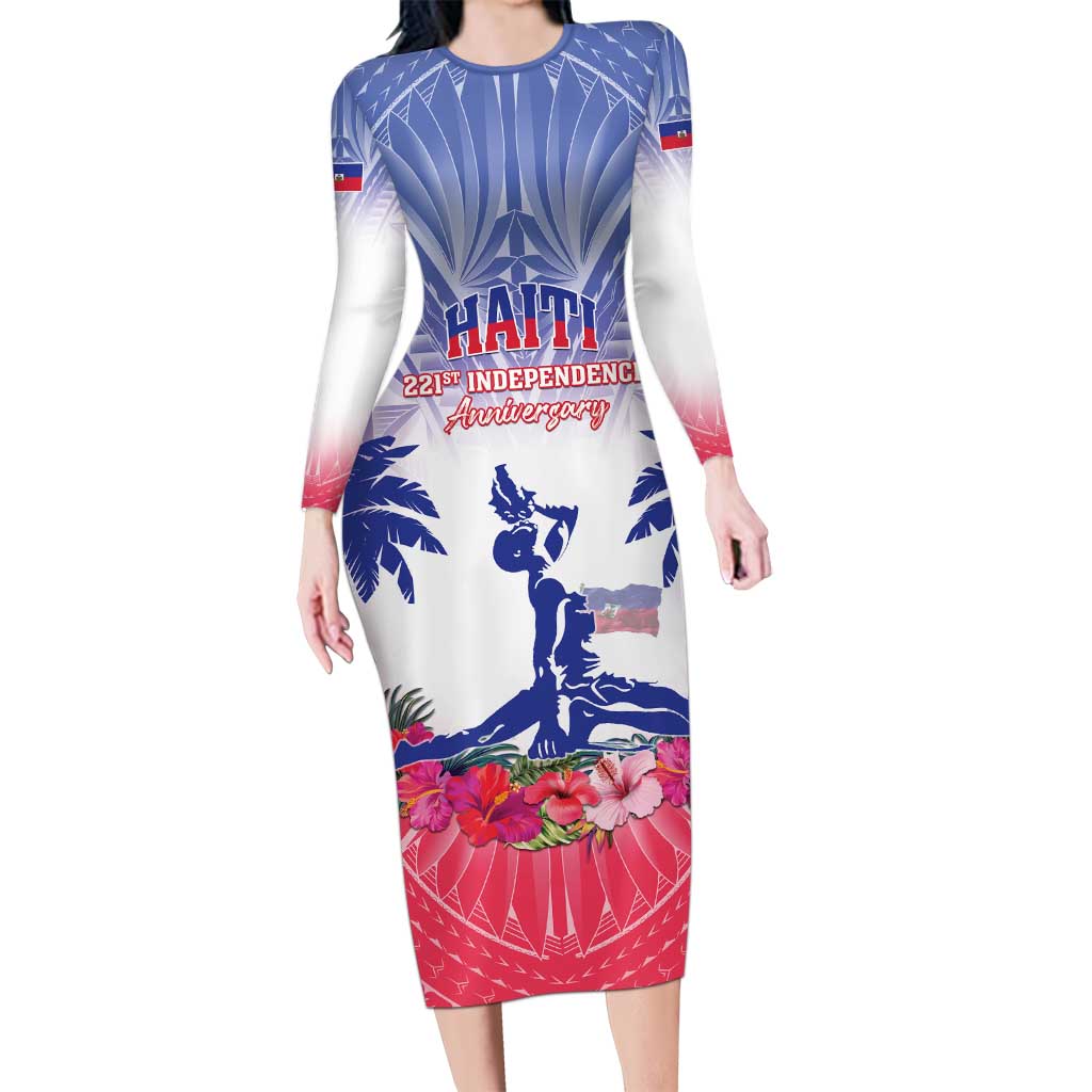 Personalised Haiti Independence Day Long Sleeve Bodycon Dress Neg Maron Polynesian Style LT05 - Wonder Print Shop