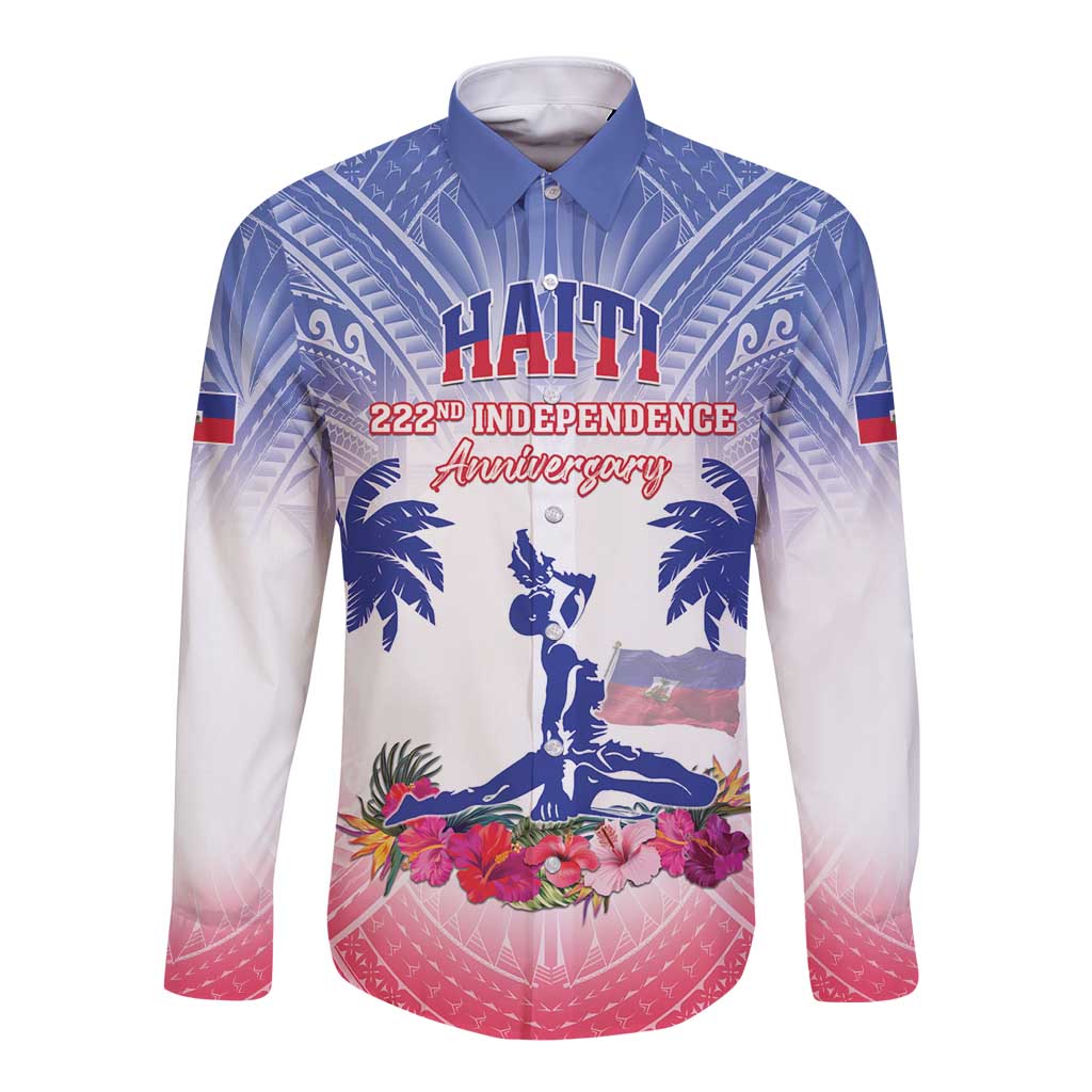 Blue long-sleeve button shirt with Haiti independence front graphic, palms and floral border