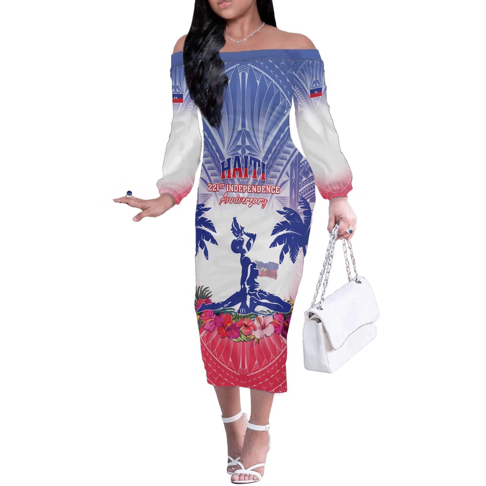 Personalised Haiti Independence Day Off The Shoulder Long Sleeve Dress Neg Maron Polynesian Style LT05 - Wonder Print Shop