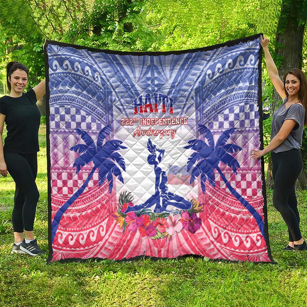 Full-view Haiti Independence Day quilt in blue, white and red with colorful floral accents