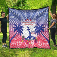 Full-view Haiti Independence Day quilt in blue, white and red with colorful floral accents