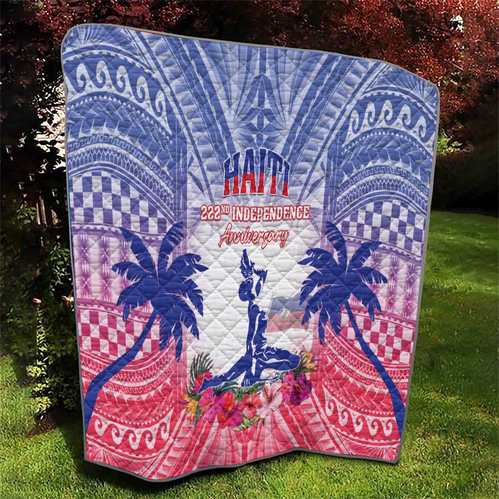 Haiti Independence Day anniversary quilt with blue map, red accents, and quilted texture