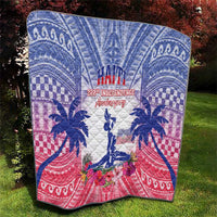 Haiti Independence Day anniversary quilt with blue map, red accents, and quilted texture