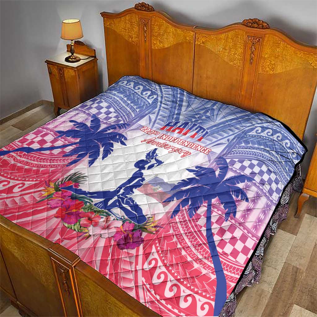 Haiti Independence Day quilt draped on bed: blue, white, red tropical palm and floral print