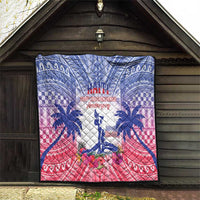 Haiti Independence Day quilt hanging outdoors in blue, white, and red with island silhouette