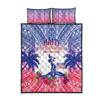 Haiti-themed quilt bed set with quilt and two pillow shams, blue and pink tropical design