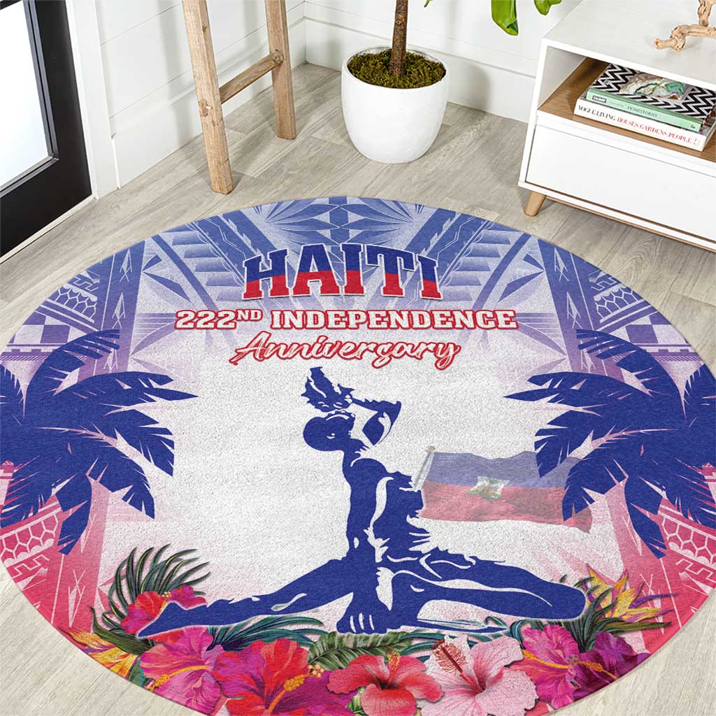 Blue round rug with Haiti “22nd Independence Anniversary” print, woman silhouette, palms