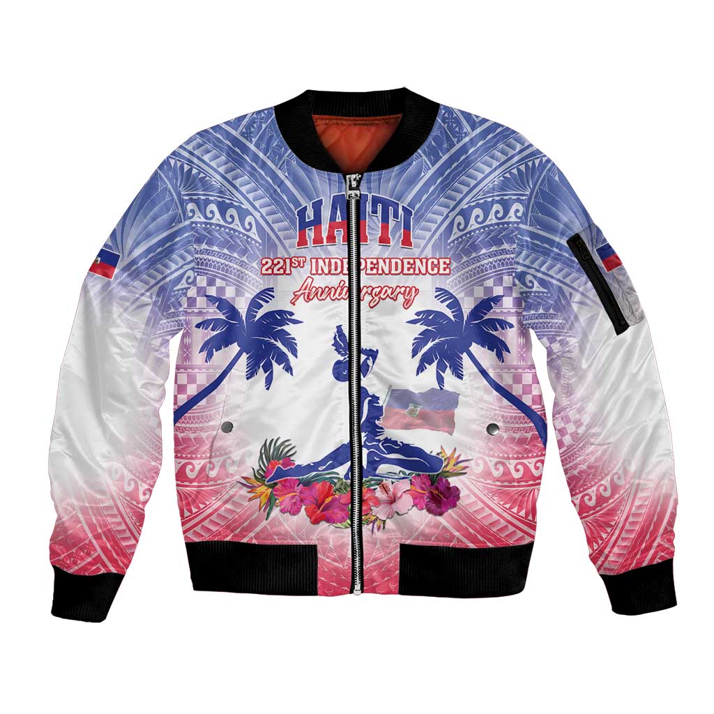 Personalised Haiti Independence Day Sleeve Zip Bomber Jacket Neg Maron Polynesian Style LT05 - Wonder Print Shop