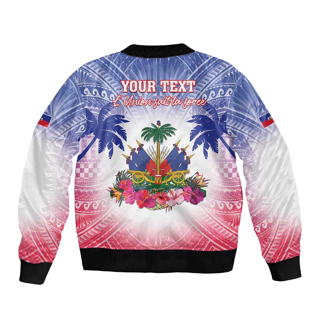 Blue bomber jacket with back print, black ribbed hem and cuffs, YOUR TEXT headline