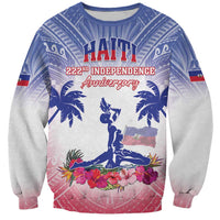 Blue sweatshirt with Haiti Independence Anniversary graphic, palm trees and flowers