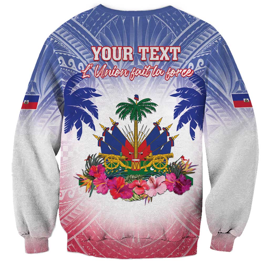 Blue sweatshirt with custom text, Haitian flag scene, palm trees and flowers